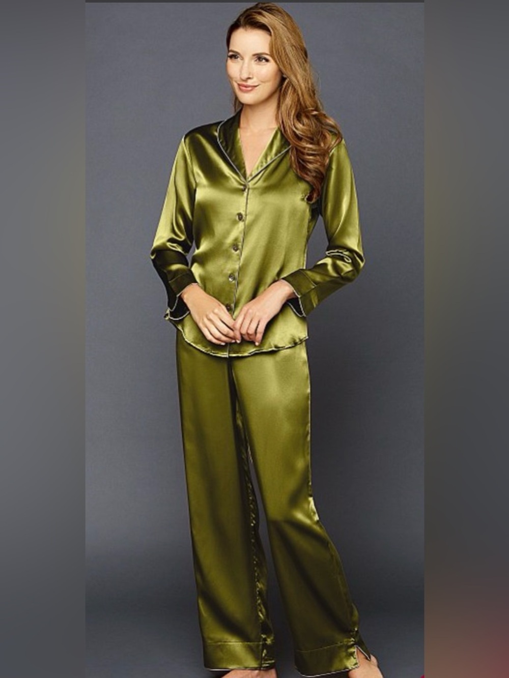 Julianna Rae Natalya 100% Mulberry Silk Pajama Set Olive Green SP Luxury Petite